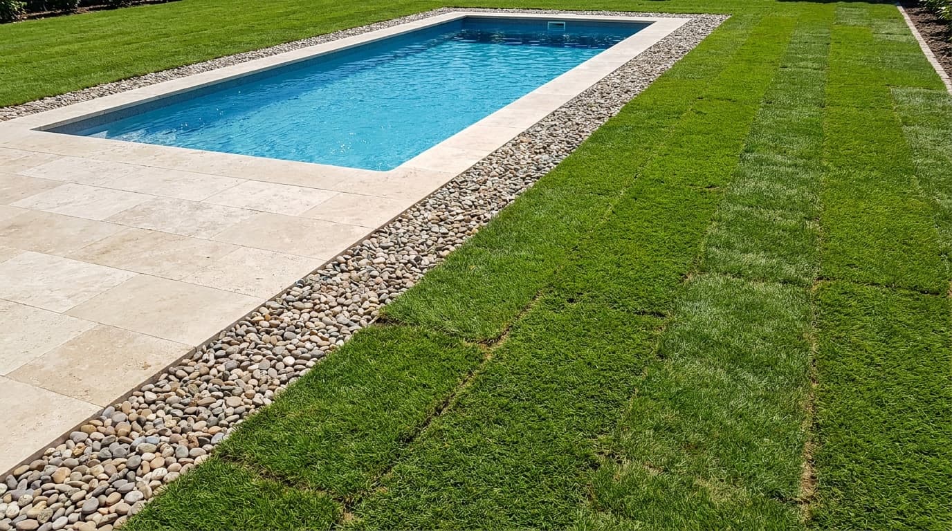 Taş kaplı havuz kenarından başlayan, yeni serilmiş canlı rulo çim alanı ve aradaki ince çakıl şerit