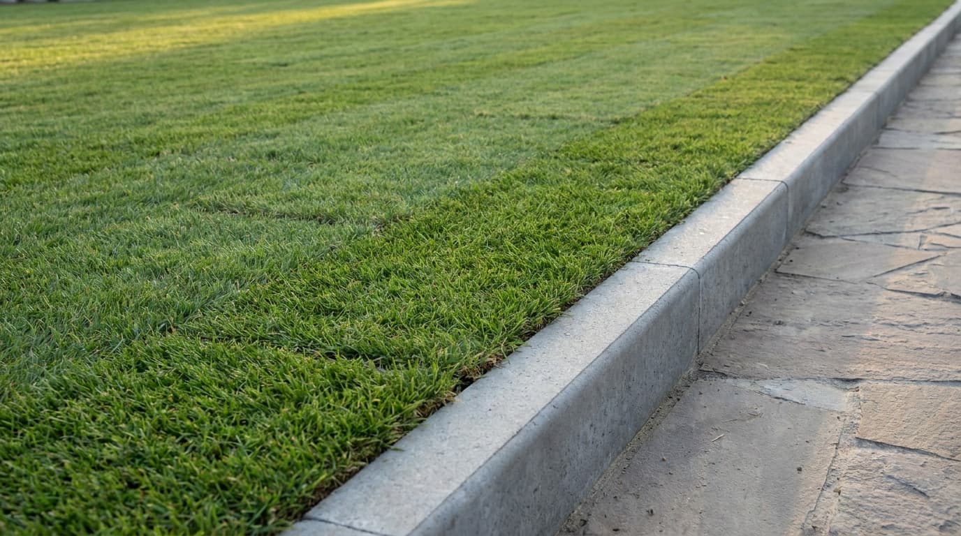 Beton bordür hattının hemen altında biten, yeni serilmiş canlı rulo çim yüzeyi