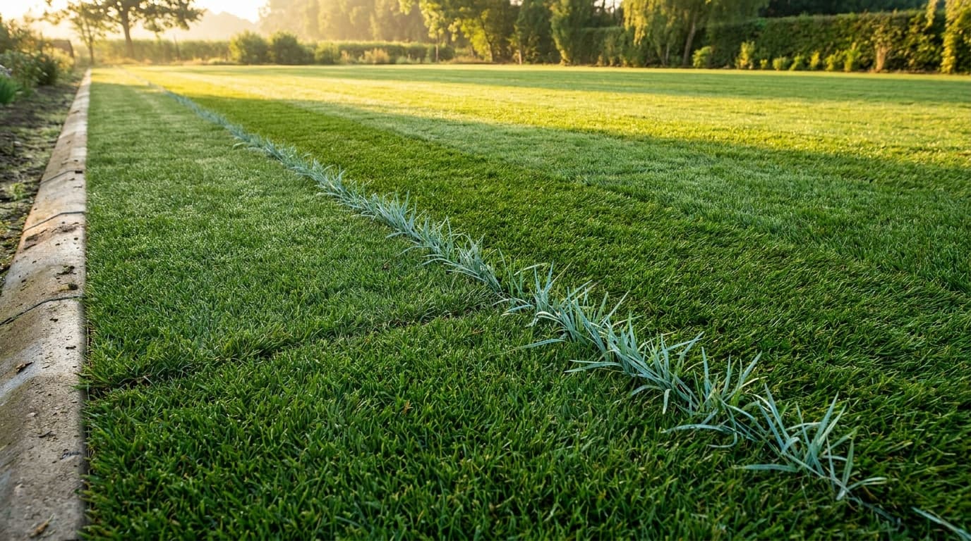 Yeni serilmiş rulo çimin ek hatları boyunca sıralanmış, çimden daha açık renkli ve sert yapraklı yabani ot sürgünleri
