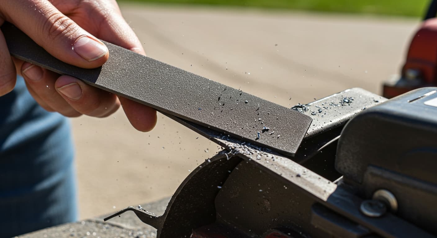 Çim biçme makinesi bıçağı bileme işlemi sırasında metal eğeyle yakın plan