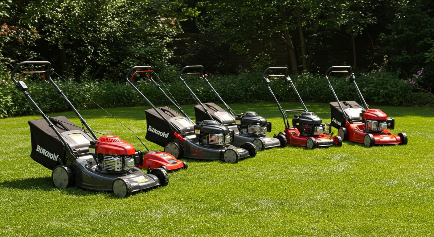 Rotary ve silindir çim biçme makinesi çeşitleri bahçe zemininde yan yana