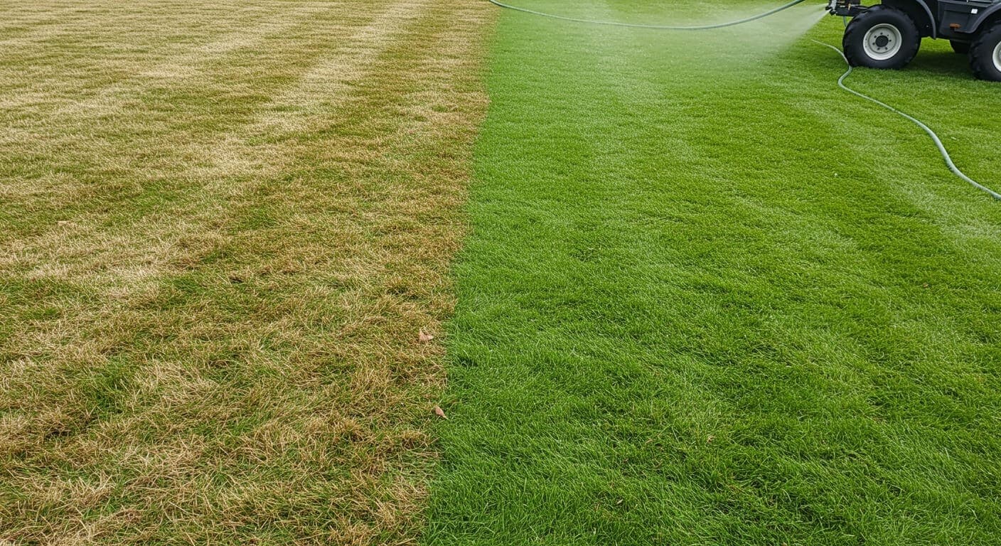 Dormant sararmış çim üzerine turf kolorant uygulaması — yeşil ve sarı bölgeler yan yana