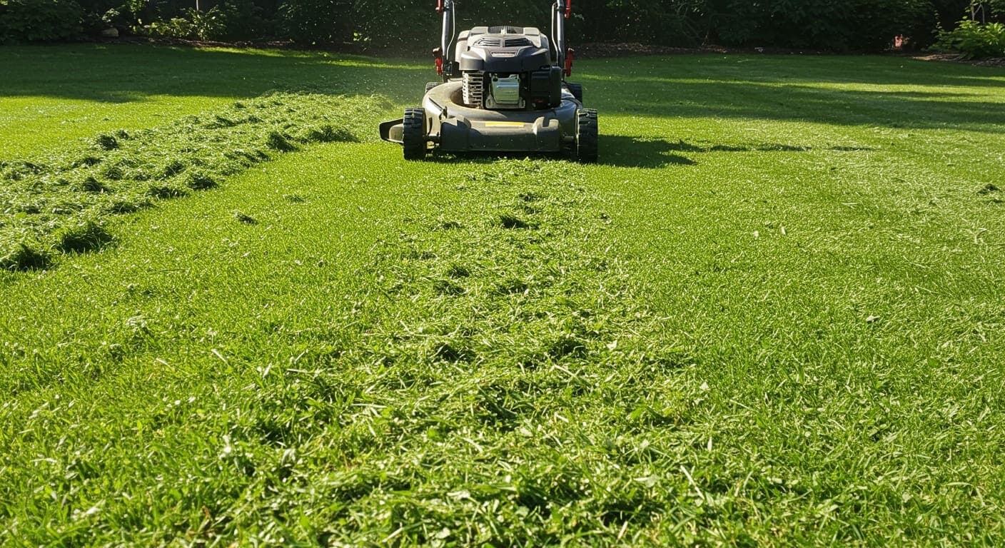 Çim biçme makinesiyle mulching malçlama işlemi ve yeşil sağlıklı bahçe görünümü
