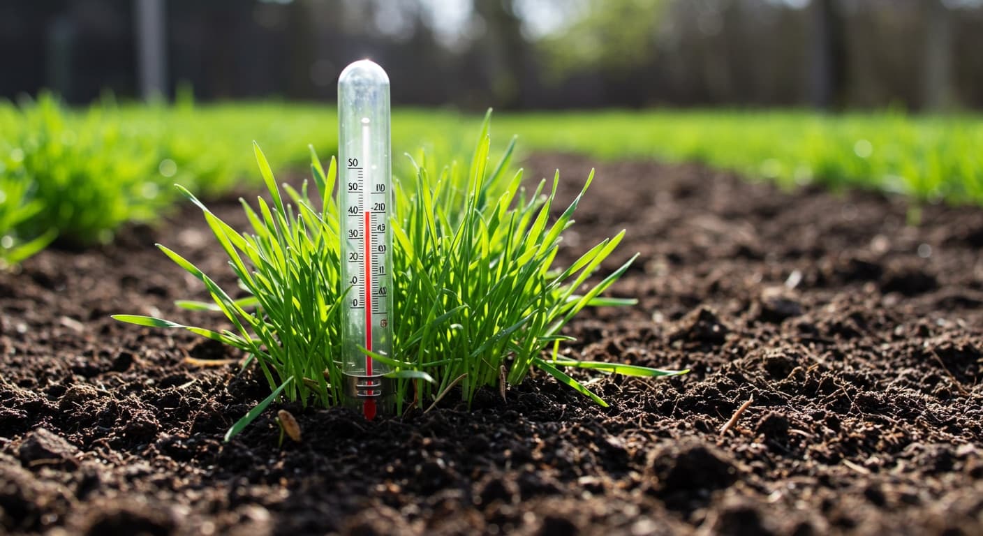 Toprak termometresi 5 cm derinliğe batırılmış, yanında çim tohumları serili toprak