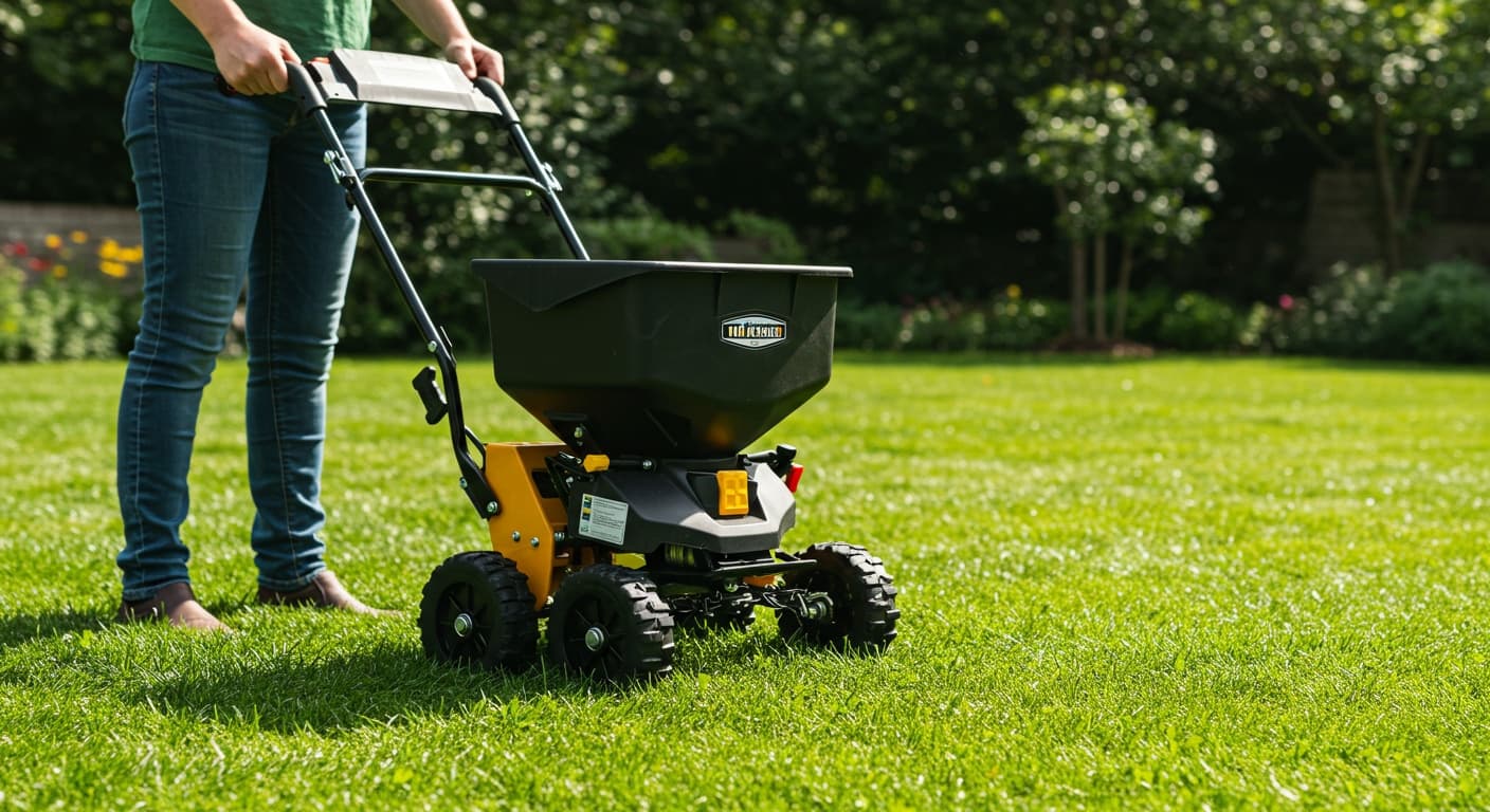 Tekerlekli rotary spreader ile çim tohumu dağıtımı yapılan yeşil bahçe
