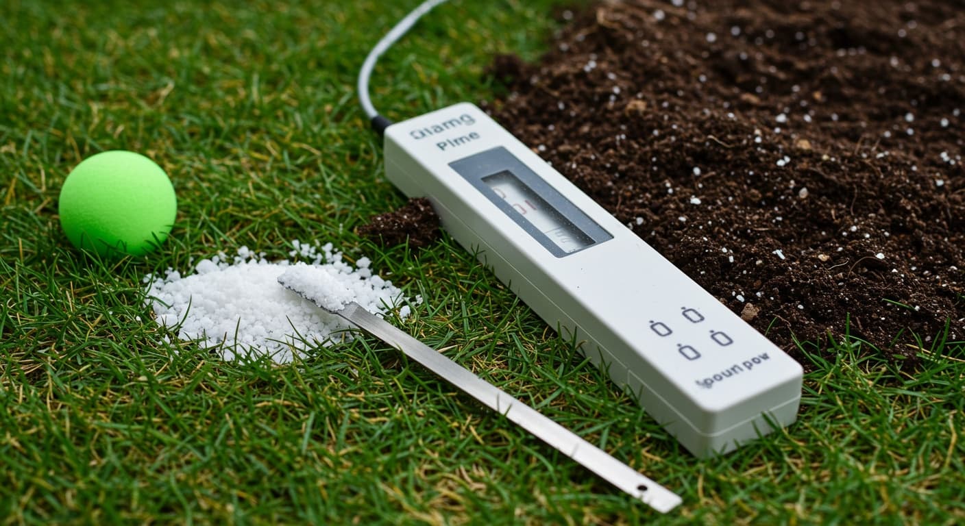 Çim toprağına pH testi yapılan bahçe; yanında tarım kireci ve kükürt torbaları