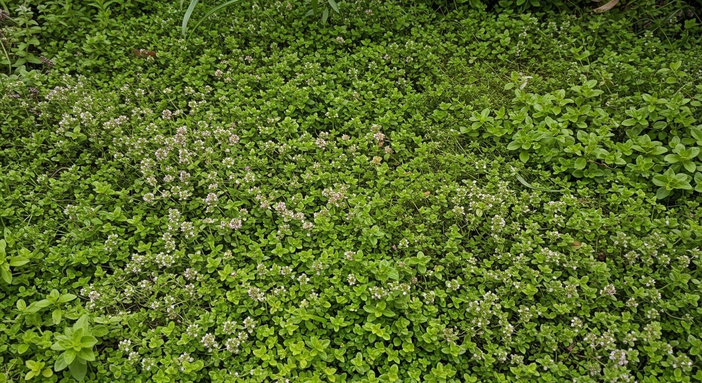 Mikroklöver ve sedum yer örtücülerle kaplı Ankara bahçesi, çim alternatifi yeşil zemin