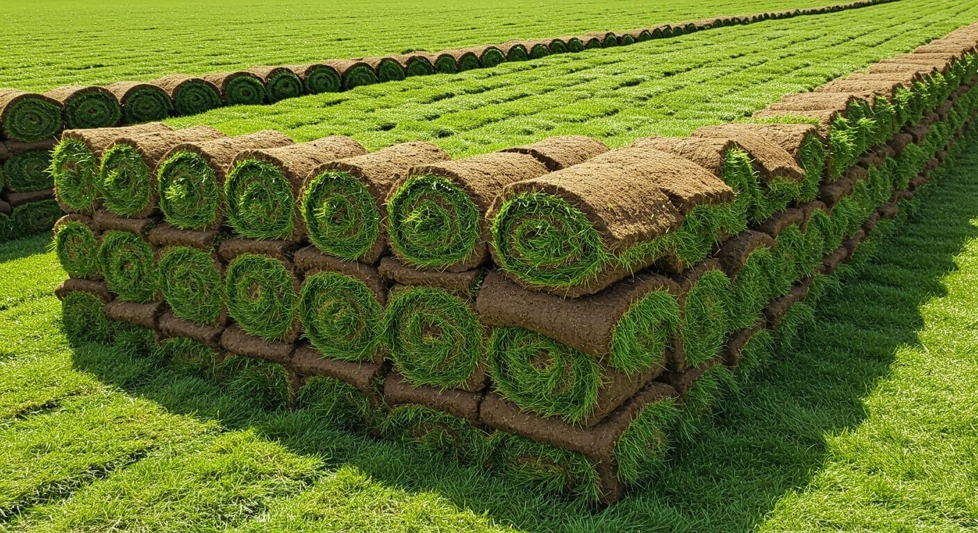 Rulo çim üretim tarlasında sod kesme makinesiyle hasat edilen şerit halindeki taze rulo çimler