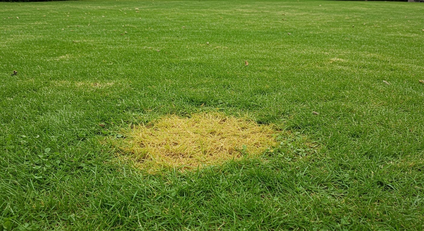 Çimde köpek idrarının bıraktığı sarı-kahverengi leke ve etrafındaki koyu yeşil halka