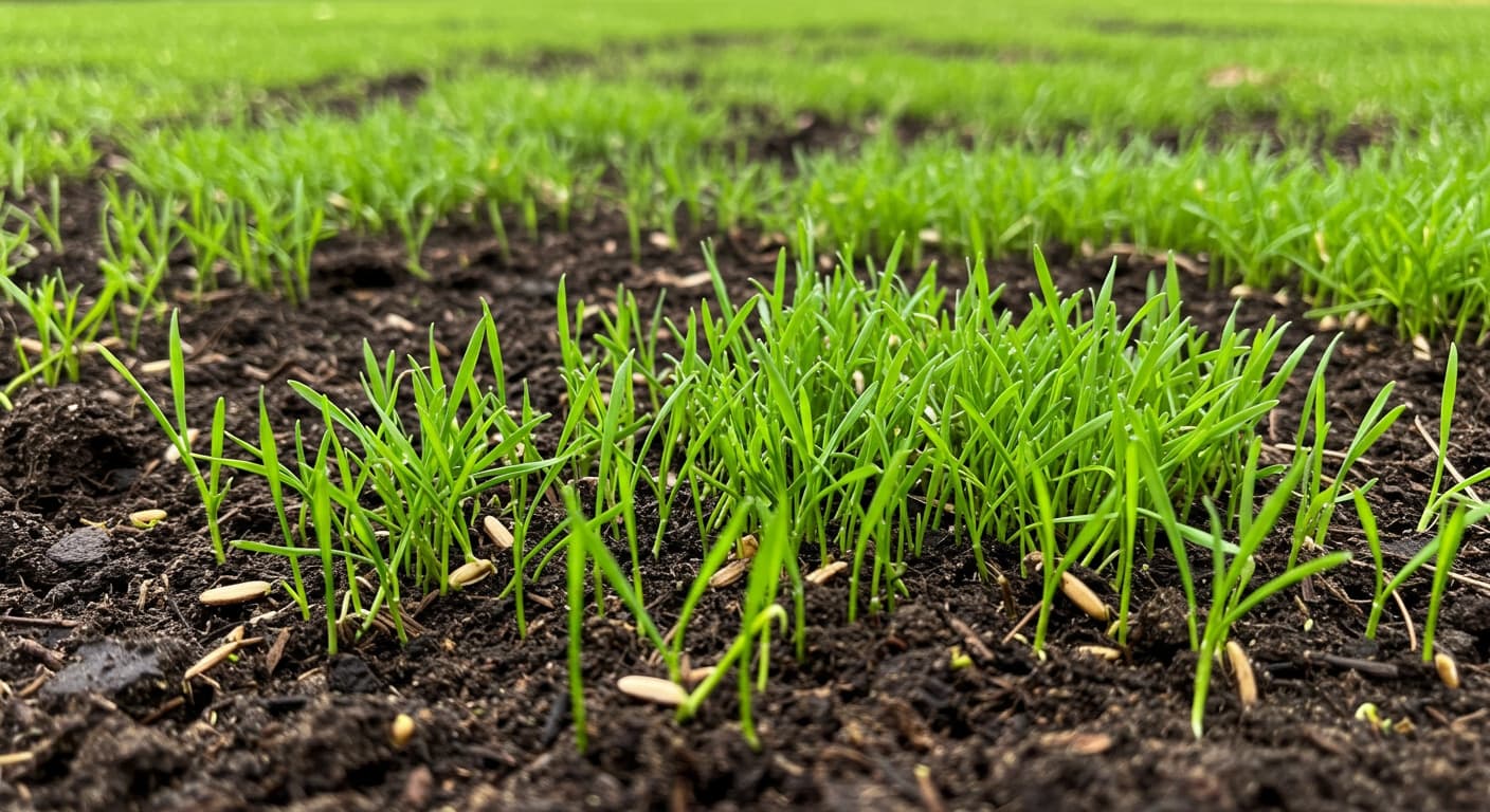 Yeni ekilen çim alanında topraktan fırlayan ince yeşil filizler, ilk hafta görünümü