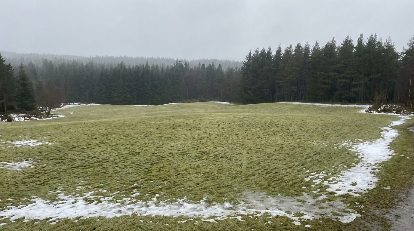 Yayla bahçesinde kar yeni erimiş, basık ve soluk yeşil rulo çim yüzeyi, kenarlarda hâlâ duran ince kar lekeleri ve arkada çam ağaçları